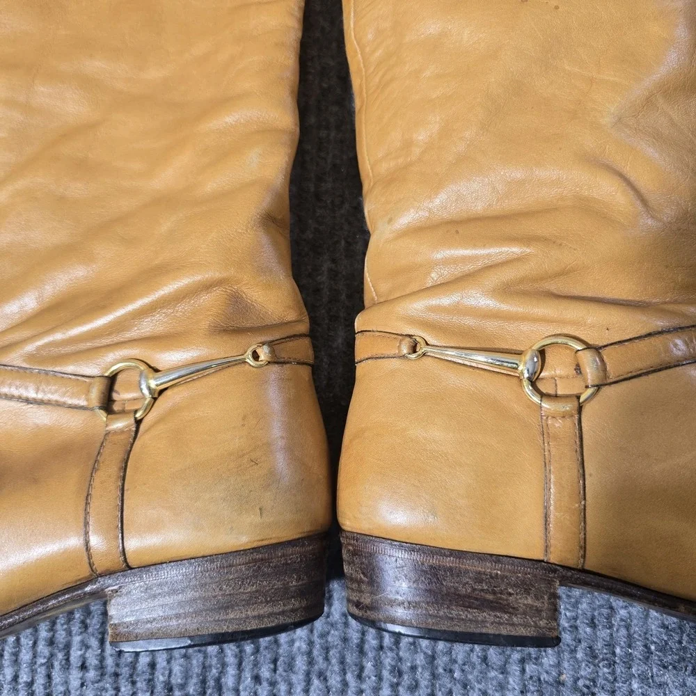 Gucci Camel/Tan Leather Knee High Boots Horse Bit Size 37.5 US Size 7-7.5
